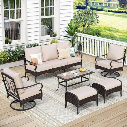 MFSTUDIO 6 PCS Outdoor Patio Furniture Set, Metal Outdoor Conversation Set, Rattan Wicker Patio Sectional Sofa Set with 2 x Swivel Single Sofa, 3-Seat Sofa, 2 x Ottoman, 1 x Coffee Table, Beige