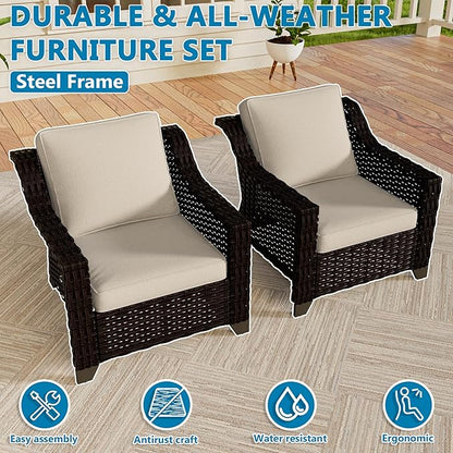 Vista Vibe 2 Pieces Outdoor Armchairs, Patio Conversation Furniture Set, Washable Cushions, Luxurious Hand-Woven PE Rattan, Garden, Bistro, Deck, Backyard (Brown/Beige)