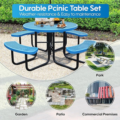 8-Person Picnic Tables for Outdoors, Industrial 46" Expanded Metal Round Picnic Table with 4 Benches & Umbrella Hole, Outside Table and Bench Set for Park, Garden, Backyard, Patio, Blue