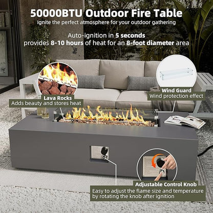 UPHA 56-inch Outdoor Propane Gas Fire Pit Table 50000 BTU Concrete Rectangle FirePit for Outside Patio with Propane Tank Cover, Wind Guad, Lava Rocks, Rain Cover, Grey