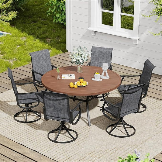 VICLLAX 7 Pieces Outdoor Dining Set, Patio Furniture Set of 6 Patio Swivel Dining Chairs and 50" Patio Round Table, Dark Charcoal Chairs & Walnut Tabletop