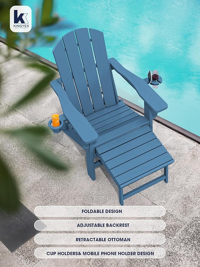 KINGYES Folding Adjustable Adirondack Chairs with Ottoman & 2 Cup Holders Set of 2, HDEP Multifunctional Adirondack Chair with Footrest, Blue