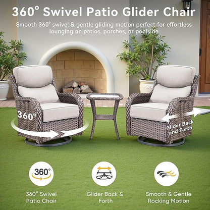 Luxury High Back Outdoor Swivel Rocker Patio Chairs with Side Table & 6-Inch Thick Cushions, 3 Pieces Patio Furniture Set for Porch, Balcony, Deck and Yard