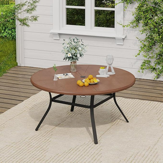 VICLLAX Outdoor Patio Round Dining Table, 47.2"x 47.2" Aluminum Tabletop with Storage Shelf for Deck Lawn Garden Backyard, Walnut