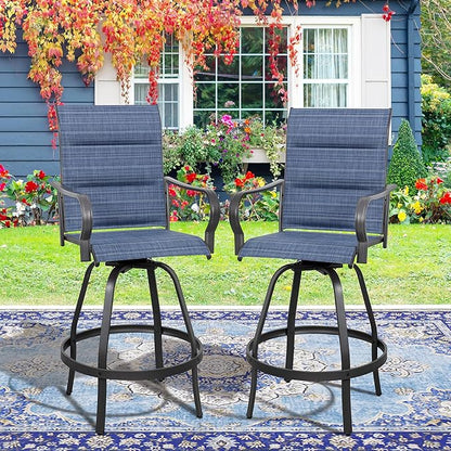 Vongrasig 2 Piece Outdoor Patio Swivel Bar Chairs, All Weather Padded Sling Textile High Top Bar Stools, Bistro Set for Backyard, Lawn Garden, Balcony, Padded Blue