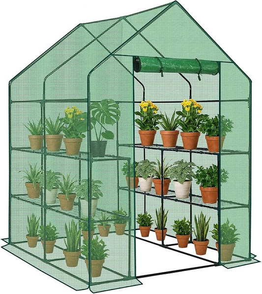 Outvita Walk-in Greenhouse, Outdoor Durable PE Plant Green House for Frost Protection with 3 Tiers 8 Shelves, Shelf Clips, Roll-up Zipper Door, 56"x56"x77" Green