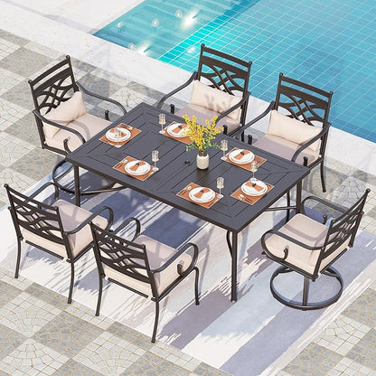 PHI VILLA 7 Pcs Patio Dining Sets,Outdoor Table Chair Set for 6 with 2 Outdoor Swivel Chairs and Metal Rectangular Table,Outdoor Dining Furniture with Cushion and Pillow for Garden Lawn Deck