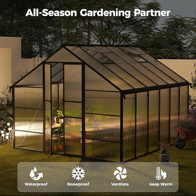 10x12 FT Greenhouse for Outdoors, Polycarbonate Greenhouse with Roof Vent, Enhanced Aluminum Large Walk-in Green House for Garden Backyard