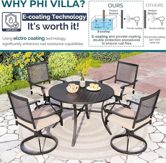 PHI VILLA Outdoor Modern Round Dining Table Set for 4 with Swivel Chairs, Patio Furniture Set of 5, Metal Circle Table with Umbrella Hole & Wrought Iron Chairs with Cushion Backyard