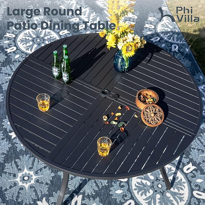 PHI VILLA 7 Pieces Outdoor Round Dining Set for 6, Wrought Iron Dining Table with Umbrella Hole & Stackable Metal Steel Chairs, Modern Dining Furniture Set for Patio, Deck, Backard, Porch