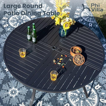 PHI VILLA 7 Pieces Outdoor Round Dining Set for 6, Large Wrought Iron Table with Umbrella Hole & Swivel Metal Chairs with Cushions, Modern Furniture Set for Patio, Deck, Yard, Porch