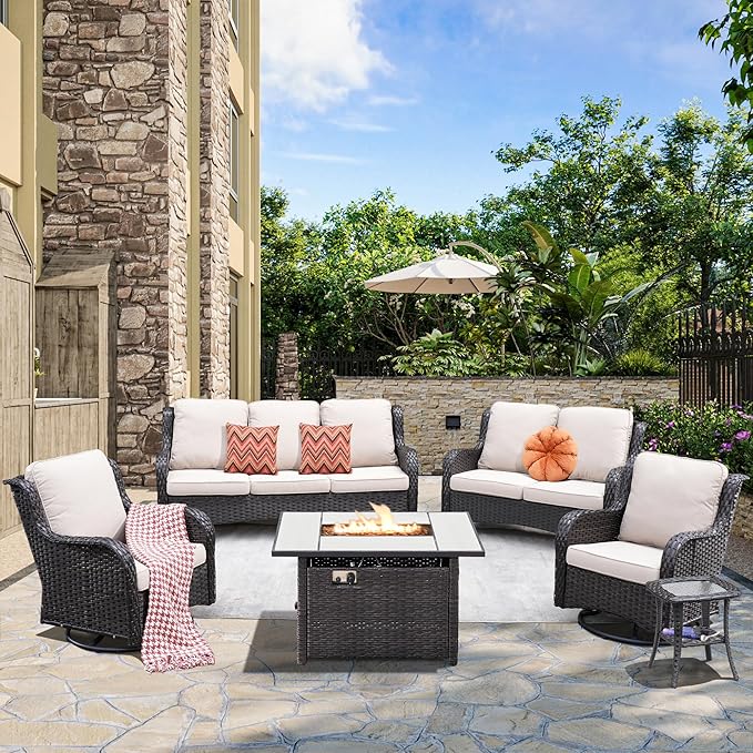 HOOOWOOO Patio Outdoor Furniture with Large Fire Pit Table,High Back 6 Piece Wicker Patio Conversation Set with Swivel Chairs,7 Person Couch Sofa Seating,Beige