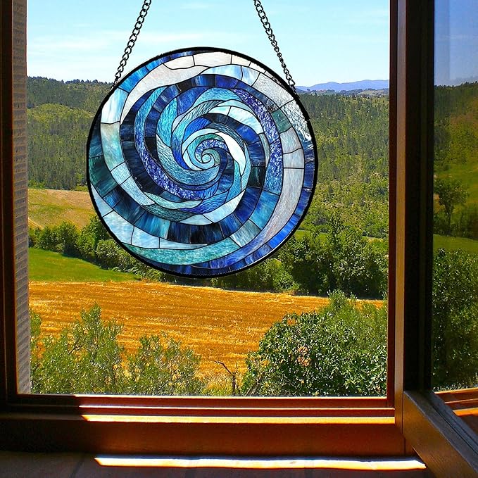 Stained Glass Window Hanging - Blue Abstract Swirl Suncatcher for Doors Garden Patio Unique Sun Catchers Decor Christmas Mother's Day Birthday Gifts for Women Men Mom Nana Friend 7.8 in