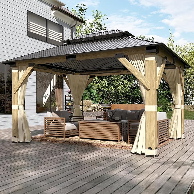 11 x 13 FT Wood Gazebo,Outdoor Wooden Hardtop Gazebo with Galvanized Steel Doule Roof,Cedar Wood Frame Gazebos with Netting&Curtains for Patio Backyard Deck