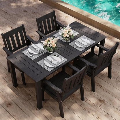YEFU HIPS Patio Table Set: 5 Piece Outdoor Table and Chairs Dining Furniture Set with Umbrella Hole - Black Modern Plastic Dining Sets 4 Person for Outside Deck with Metal Aluminum Frame