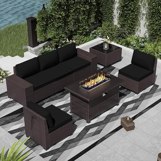Outdoor Patio Furniture Set with Propane Fire Pit Table, 7 Pieces Outdoor Furniture Patio Sectional Sofa Conversation Sets w/ETL Approved 43" Gas Outdoor Fire Table & Coffee Table (Black)