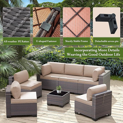 Outdoor Patio Furniture Set, 14 Pieces Outdoor Furniture All Weather Patio Sectional Sofa PE Wicker Modular Conversation Sets with Coffee Table,12 Chairs & Seat Clips(Sand)