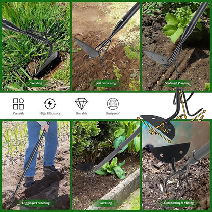 65'' Hoe and Cultivator Garden Tool - 2 in 1 Heavy Duty Garden Hoe for Weeding,Soil Loosening,Sharp Blade,Long Handle Claw 3-Tine Hand Tiller Rake for Gardening