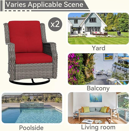 Swivel Patio Chair Outdoors - 360 Degree, Set of 2, Glider Chair with 3.5" Olefin Fabric Cushions (Mixed Grey Rattan/Red)