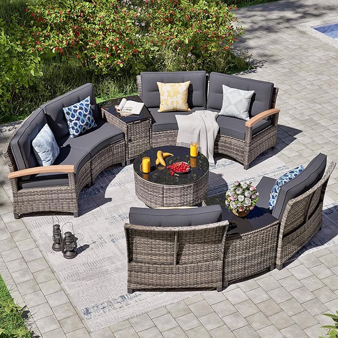 MEISSALIVVE 9 Piece Outdoor Patio Furniture Set, Half-Moon Curved Sectional Sofa Rattan Conversation Set with Wood Armrests, Coffee Table & Side Table（Grey）