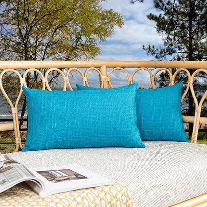 Kevin Textile Pack of 2 Outdoor Waterproof Throw Pillow Covers Decorative Square Outdoor Checkered Pillows Cushion Case Patio Pillows for Couch 12x20 inches 30x50 cm Peacock Blue