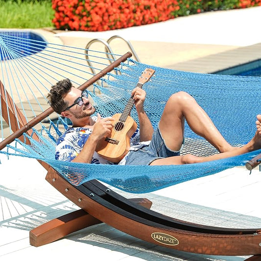 Lazy Daze Hammocks 10.5 FT Double 2 Person Caribbean Rope Hammock, Hand Woven Polyester Hammock with Spreader Bars, for Outside Outdoor Backyard Patio Poolside,450 LBS Capacity,SkyBlue
