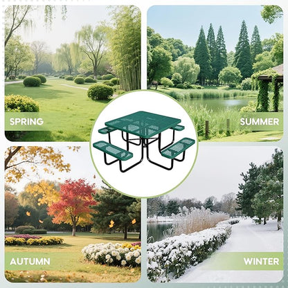 46Inch Square Picnic Table for 8 Person, Outdoor Heavy Duty Sturdy Picnic Tables with 4 Benches & Umbrella Hole, Commercial Metal Patio Picnic Table for Garden, BBQ, Coffee Store, Party, Porch (Green)