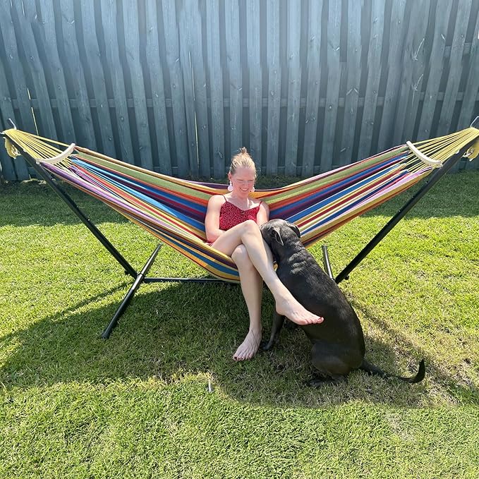 SZHLUX Double Hammocks with Stand for Outside 450lb Capacity Steel Stand, Premium Carry Bag Included and Two Anti Roll Balance Beam