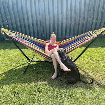 SZHLUX Double Hammocks with Stand for Outside 450lb Capacity Steel Stand, Premium Carry Bag Included and Two Anti Roll Balance Beam