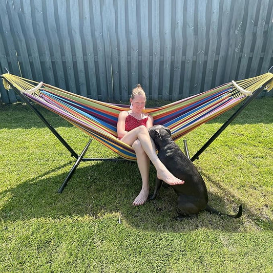 SZHLUX Double Hammocks with Stand for Outside 450lb Capacity Steel Stand, Premium Carry Bag Included and Two Anti Roll Balance Beam