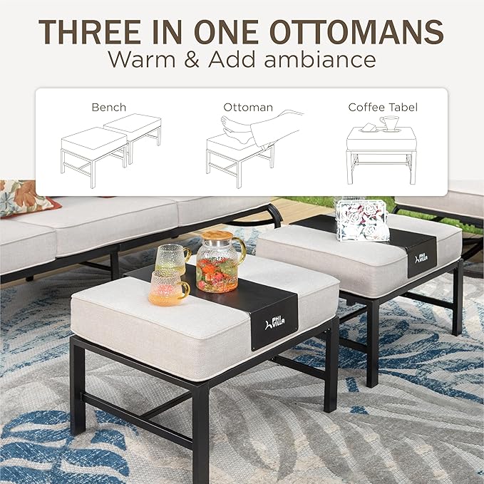 PHI VILLA 5 PCS Patio Furniture Set, Metal Outdoor Furniture Set with 1 x 3 Seater Deep Seating Bench, 2 x Swivel Sofa Chairs & 2 x Metal Cushioned Ottoman, Outdoor Patio Set for Garden
