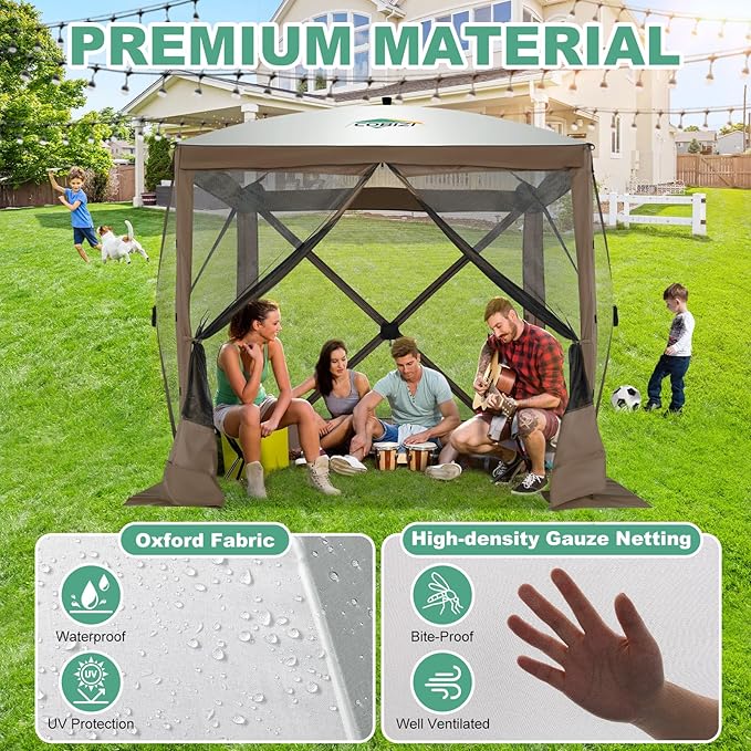 COBIZI 6x6 Pop up Gazebo Tent, Ez up Waterproof Screen Tent Screen House, Portable Outdoor Canopy Sun Shelter with Carry Bag & Ground Stakes for Camping, Garden and Picnics, Brown(Upgraded 2.0)