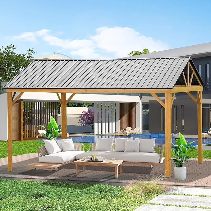 Domi 12' x 14' Hardtop Gazebo with Galvanized Steel Gable Roof, Pergola with Wood-Looking Aluminum Frame, Permanent Pavilion Outdoor Gazebo with Ceiling Hook for Deck Patio Lawn Yard Backyard Grill