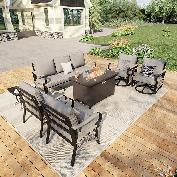 7 Pieces Patio Conversation Sets, All Weather Metal Outdoor Furniture Set, 3-Seater, 2 Swivel Rockers, 2 Single Chairs, 1 Side Tables, 1 Fire Pit Table for Backyard Garden Deck Porch Poolside, Gray