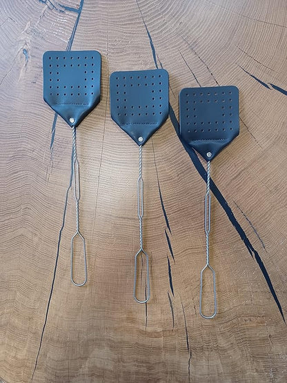 Leather Fly Swatter Set (3 Pack) – 17” Amish-Made Fly Swat w/Real Leather Paddle – Fly Swatters Multi Pack w/Metal Handle – Bug Swatter, Mosquito Swatter, Wasp Swatter (Black)