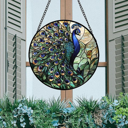 Stained Glass Window Hanging, Turquoise Peacock Sun Catcher for Door Home Decor Blue Green Suncatcher Christmas Mother's Day Birthday Gifts for Women Men Mom and Nana 7.8 in