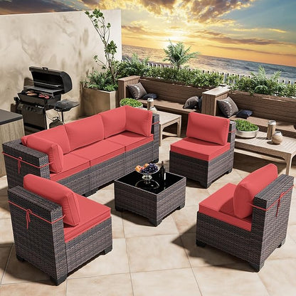 Outdoor Patio Furniture Set, 7 Pieces Outdoor Furniture All Weather Patio Sectional Sofa PE Wicker Modular Conversation Sets with Coffee Table,6 Chairs & Seat Clips(Red)