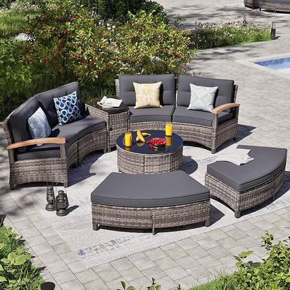MEISSALIVVE 8 Piece Outdoor Patio Furniture Set, Half-Moon Curved Sectional Set with Wood Armrests, Patio Conversation Set, 2 Half-Moon Ottomans，Coffee & Side Tables (Grey)