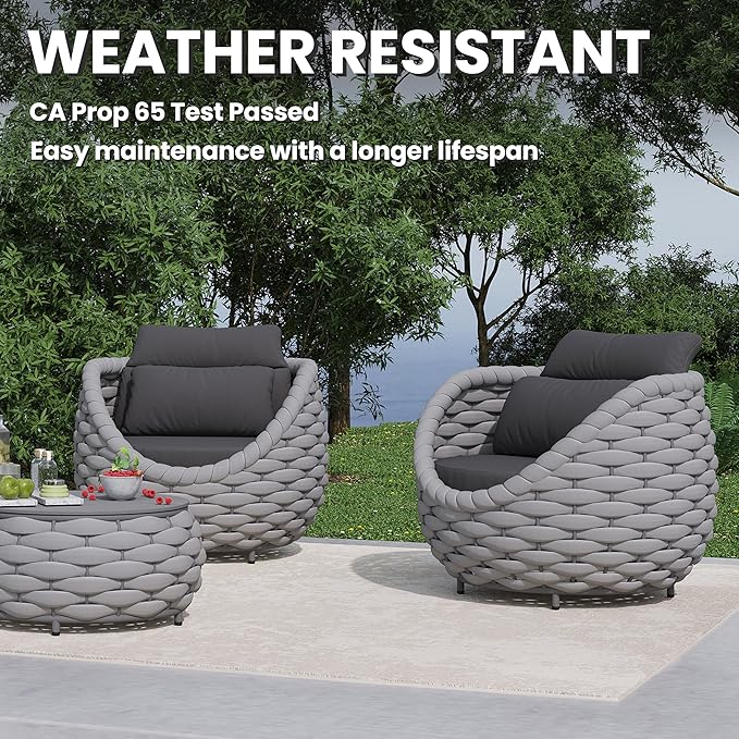 2 PCS Deck Furniture Accent Chair: Aluminum Woven Rope Chair - Outdoor Lounge Armchair Cushioned - Modern Patio Seating Assembled - All Weather for 400lbs Porch Lanai Balcony Yard Garden Hotel