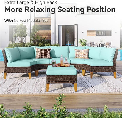 GREEN PARTY 9 Pieces Wicker Patio Furniture Set, All-Weather Outdoor Rattan Half-Moon Curved Patio Sectional Sofa Conversation Set 9 Seats with 4" Thick Cushions for Backyard, 2 x Ottomans (Blue)
