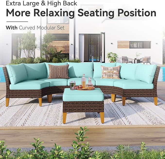 GREEN PARTY 8 Pieces Wicker Patio Furniture Set, All-Weather Outdoor Rattan Half-Moon Curved Patio Sectional Sofa Conversation Set with 4" Thick Cushions for Garden, Backyard, 2 x Ottomans (Blue)