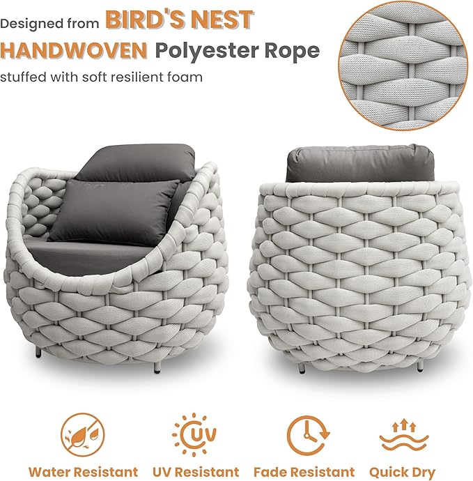 2 PCS Porch Furniture Chair: Patio Accent Chair Aluminum - Woven Rope Cushioned Armchair Assembled - Modern Lounge Single Chair - All Weather 400lbs for Deck Balcony Yard Garden Hotel Poolside
