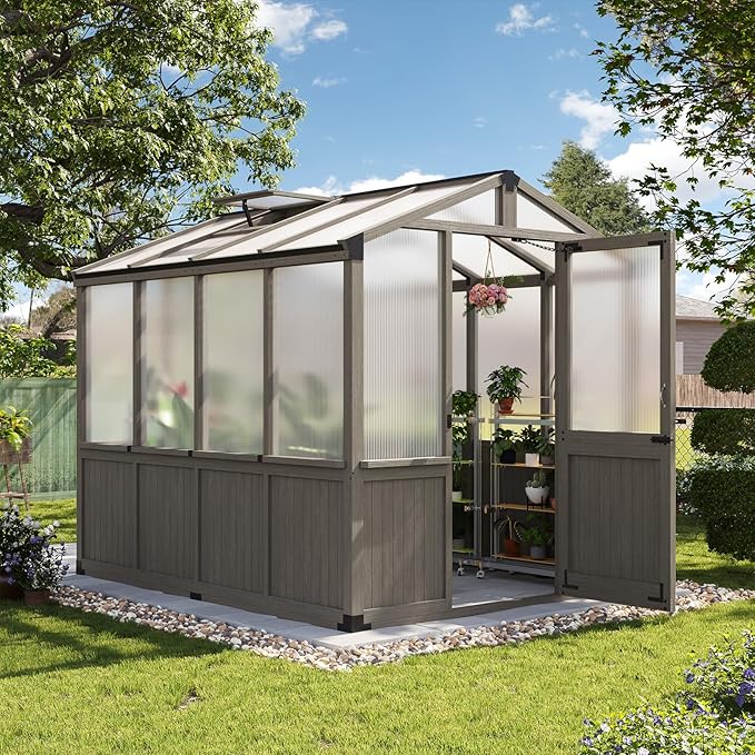 Aoxun 6x8 FT Wood Green House for Outdoors, Polycarbonate Panel Wooden Walk-in Greenhouse Kit with Automatic Temperature Control Roof Vent and Lockable Door, for Outside Backyard Garden, Gray