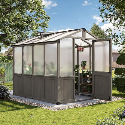 Aoxun 6x8 FT Wood Green House for Outdoors, Polycarbonate Panel Wooden Walk-in Greenhouse Kit with Automatic Temperature Control Roof Vent and Lockable Door, for Outside Backyard Garden, Gray