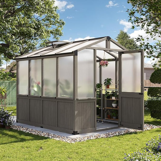 Aoxun 6x8 FT Wood Green House for Outdoors, Polycarbonate Panel Wooden Walk-in Greenhouse Kit with Automatic Temperature Control Roof Vent and Lockable Door, for Outside Backyard Garden, Gray