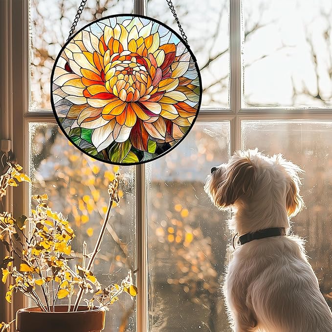 Stained Glass Window Hanging - Chrysanthemum Suncatcher for Doors Garden Patio Birth Flowers Sun Catchers Decor Christmas Mother's Day Birthday Gifts for Women Men Mom Nana Friend 15 in