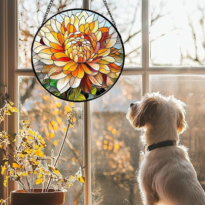 Stained Glass Window Hanging - Chrysanthemum Suncatcher for Doors Garden Patio Birth Flowers Sun Catchers Decor Christmas Mother's Day Birthday Gifts for Women Men Mom Nana Friend 7.8 in