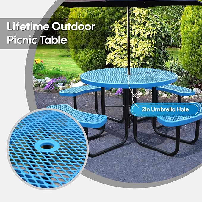 8-Person Picnic Tables for Outdoors, Industrial 46" Expanded Metal Round Picnic Table with 4 Benches & Umbrella Hole, Outside Table and Bench Set for Park, Garden, Backyard, Patio, Blue