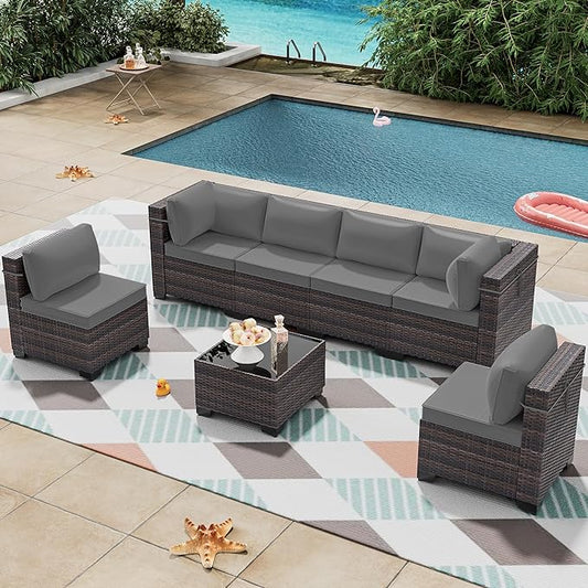 Outdoor Patio Furniture Set, 7 Pcs Outdoor Furniture All Weather Patio Sectional Sofa PE Wicker Modular Conversation Sets with Coffee Table,6 Chairs & Seat Clips Grey