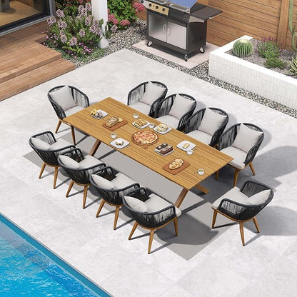 PURPLE LEAF 11 Pieces Patio Dining Set with Storage Box Wicker Teak-Finish Outdoor Furniture Rectangular Table and Chairs Set for Garden Deck Backyard Kitchen, Cushions and Pillows Included
